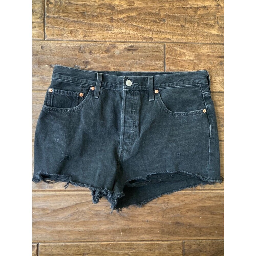 Levis 501 Shorts Womens 32 Black Denim Button Fly High Rise Raw Hem Distressed